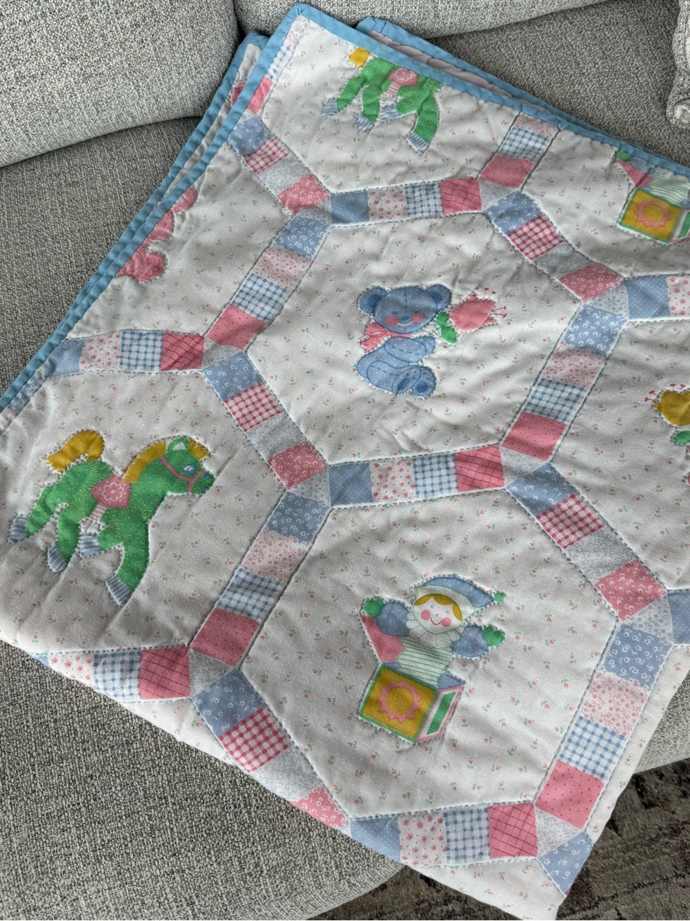 Vintage Pastel Baby Patchwork Quilted Blanket Bunny Bear